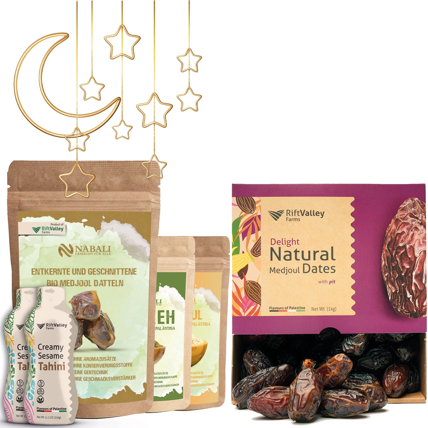 🌙 Ramadan Genussbundle: Entkernte Medjool Datteln 500G , 2x Tahini, 1x Freekeh, 1x Maftoul und 1KG Rift Valley Medjool Delight